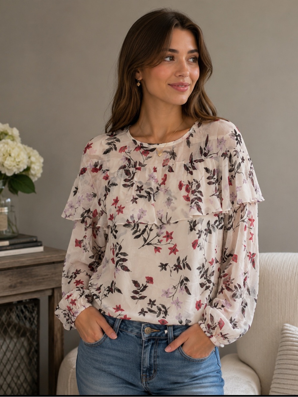 340. Lauren Conrad Floral Glitter Blouse in Midnight Garden M - Picture 1 of 6